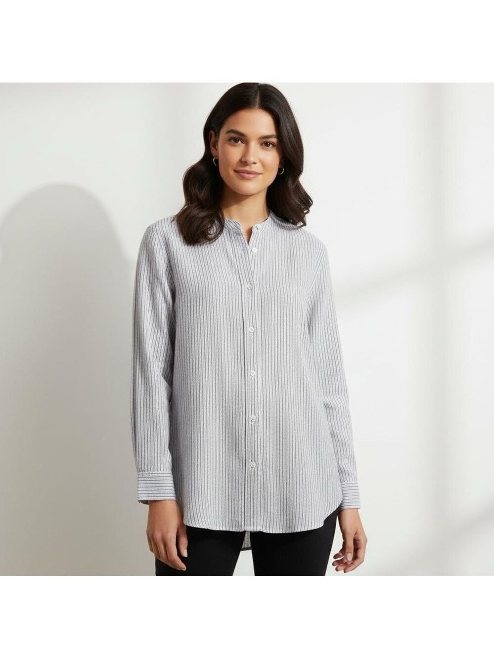 Joe Fresh Band Collar Striped Shirt Medium M Linen Blend from Nordstrom Rack